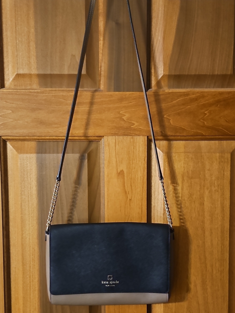 kate spade Black and Taupe Leather Crossbody with Chain Strap